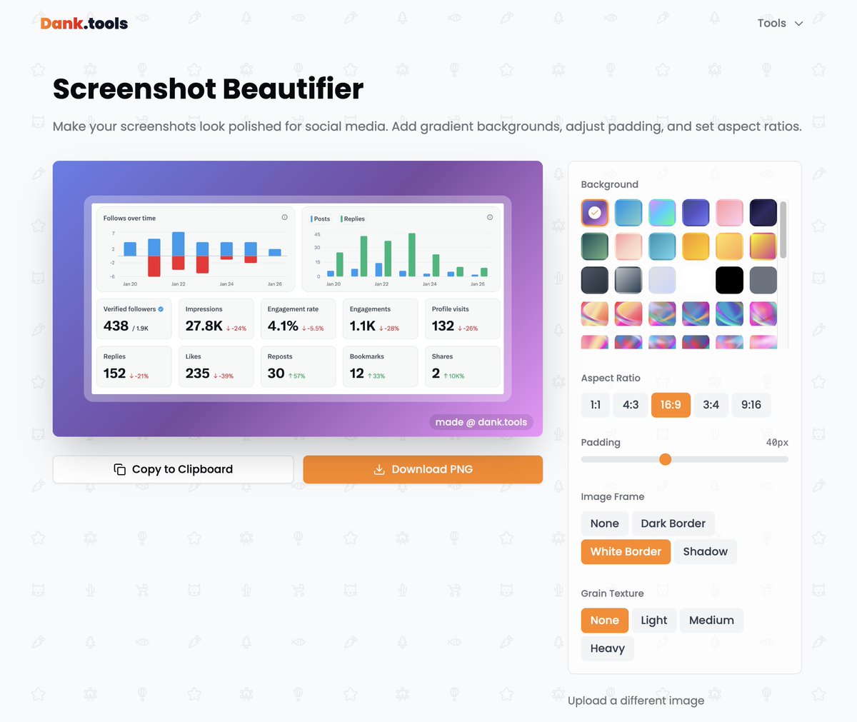 moonfarm_dev's tweet image. I built a free tool to make your screenshots look 10x better instantly 🔥
👉 dank.tools/screenshot-bea…