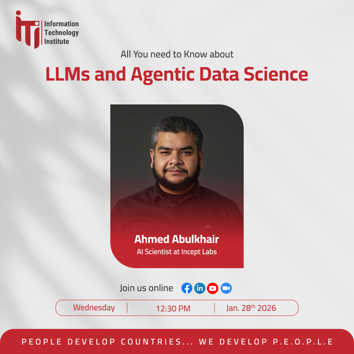 انضموا إلينا يوم الأربعاء 28 يناير، الساعة 12:30 ظ، في محاضرة بعنوان: LLMs and Agentic Data Science
عبر Zoom من خلال:
iti-mcit.zoom.us/j/4959206443?p…

◀ مع ضيفنا:
م. أحمد أبو الخير، باحث ذكاء اصطناعي في Incept Labs

يمكنكم طرح أسئلتكم:
app.sli.do/event/fpCv4LCT…

#MCIT #ITI