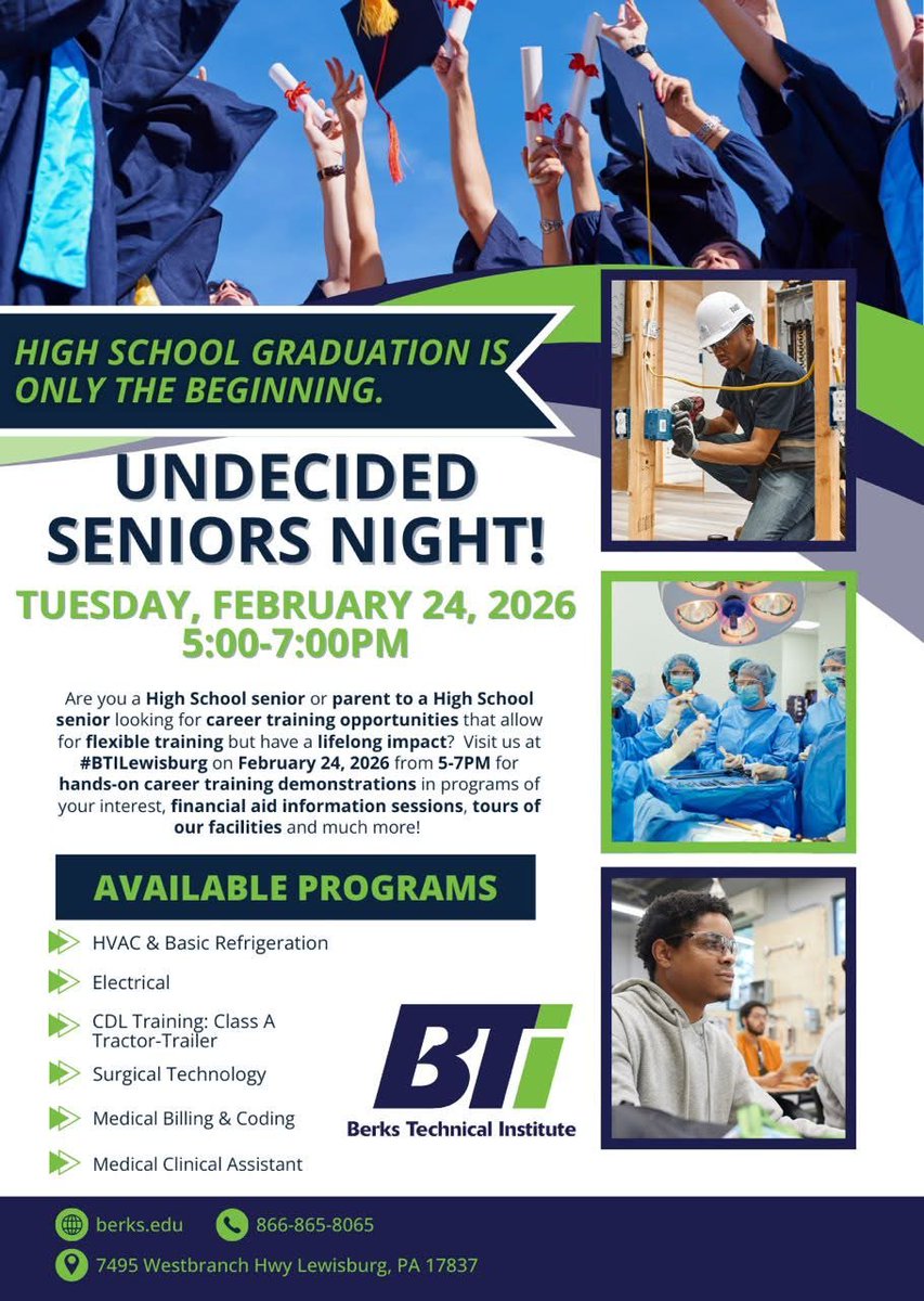 👩‍🏭👷‍♀️🧑‍🎓Get #CareerReadyPA! Graduating and unsure of what your future holds? Check out this opportunity at Berks Technical Institute in Lewisburg, PA!