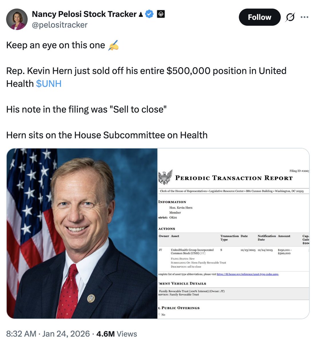 Barchart's tweet photo. Incredible timing on your $UNH sell order Congressman 🫡 https://t.co/39ILJwm13L