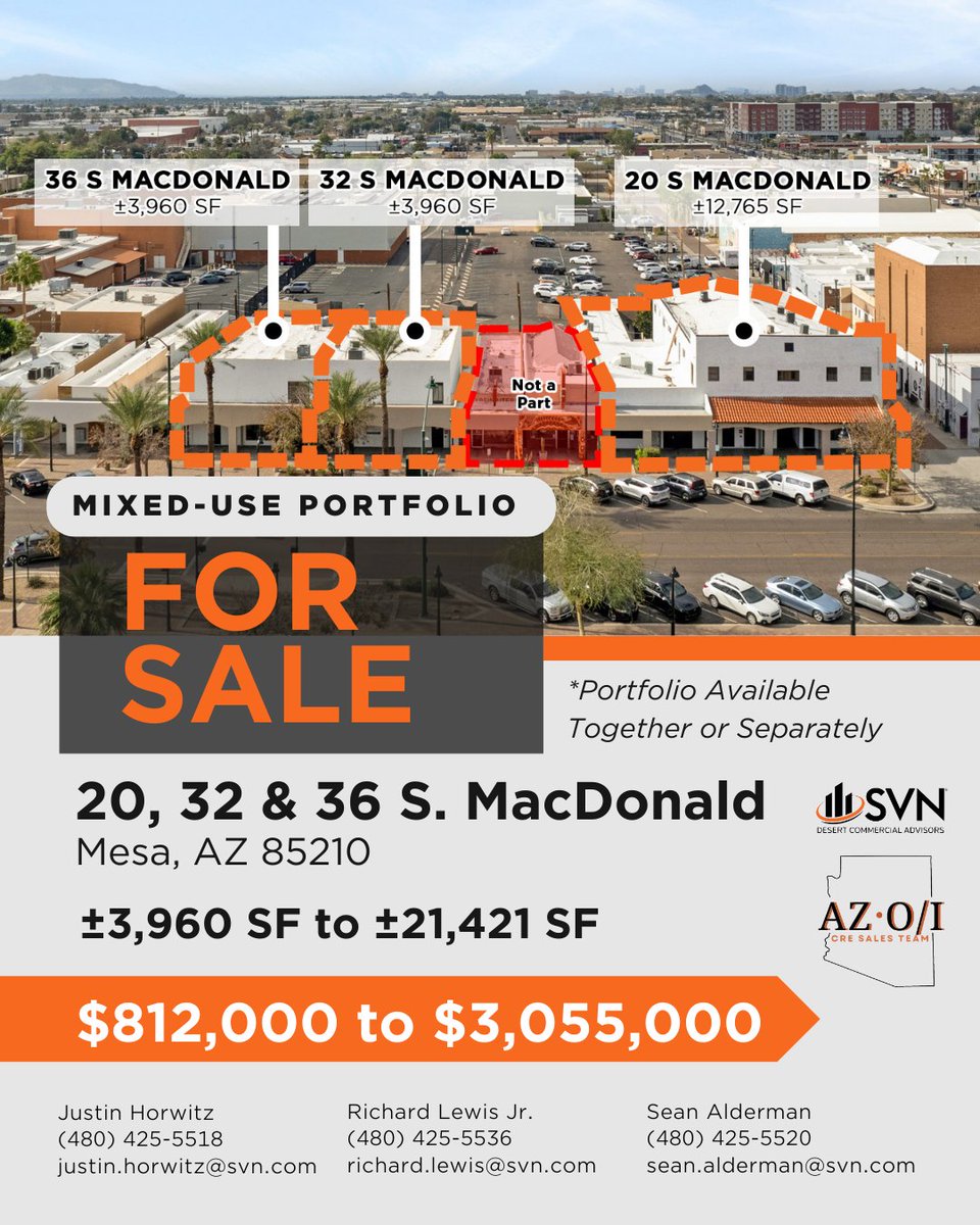 SVNDCA's tweet photo. FOR SALE | Downtown Mesa 🏙️
±0.51 acres | 21,421 SF historic buildings | DC zoning | Opportunity Zone.
Prime adaptive reuse site for mixed-use, retail, or office in a high-growth urban core.

Reach Out to the AZOI team: https://t.co/uU4vK81YLC

#CRE #mixeduse #svndca #mesaarizona https://t.co/cKtBbT7aNy