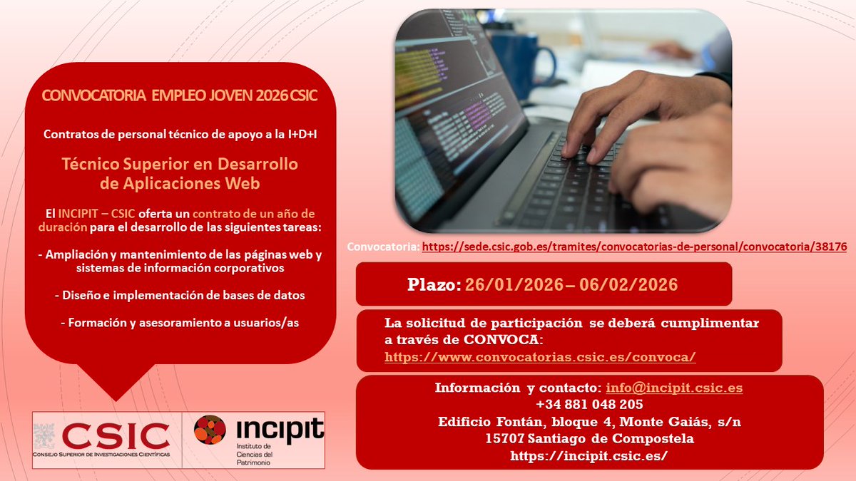 LoisArmada's tweet photo. En el INCIPIT-CSIC ofertamos tres contratos de Técnico Superior dentro del programa Empleo Joven 2026, con plazo de solicitud hasta el 6 de febrero. Agradecemos difusión! https://t.co/mcKhonxSTK