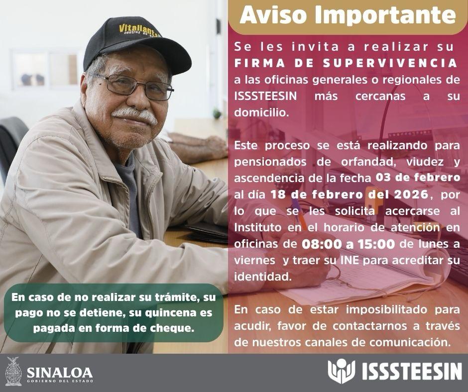 ¿𝗘𝗿𝗲𝘀 𝗽𝗲𝗻𝘀𝗶𝗼𝗻𝗮𝗱𝗼 𝗼 𝗽𝗲𝗻𝘀𝗶𝗼𝗻𝗮𝗱𝗮 𝗽𝗼𝗿 𝘃𝗶𝘂𝗱𝗲𝘇, 𝗼𝗿𝗳𝗮𝗻𝗱𝗮𝗱 𝗼 𝗮𝘀𝗰𝗲𝗻𝗱𝗲𝗻𝗰𝗶𝗮?
Del 03 al 18 de febrero se llevará a cabo el proceso de Firma de Supervivencia.

Para más información  contáctanos vía WhatsApp 📱 667 696 0317