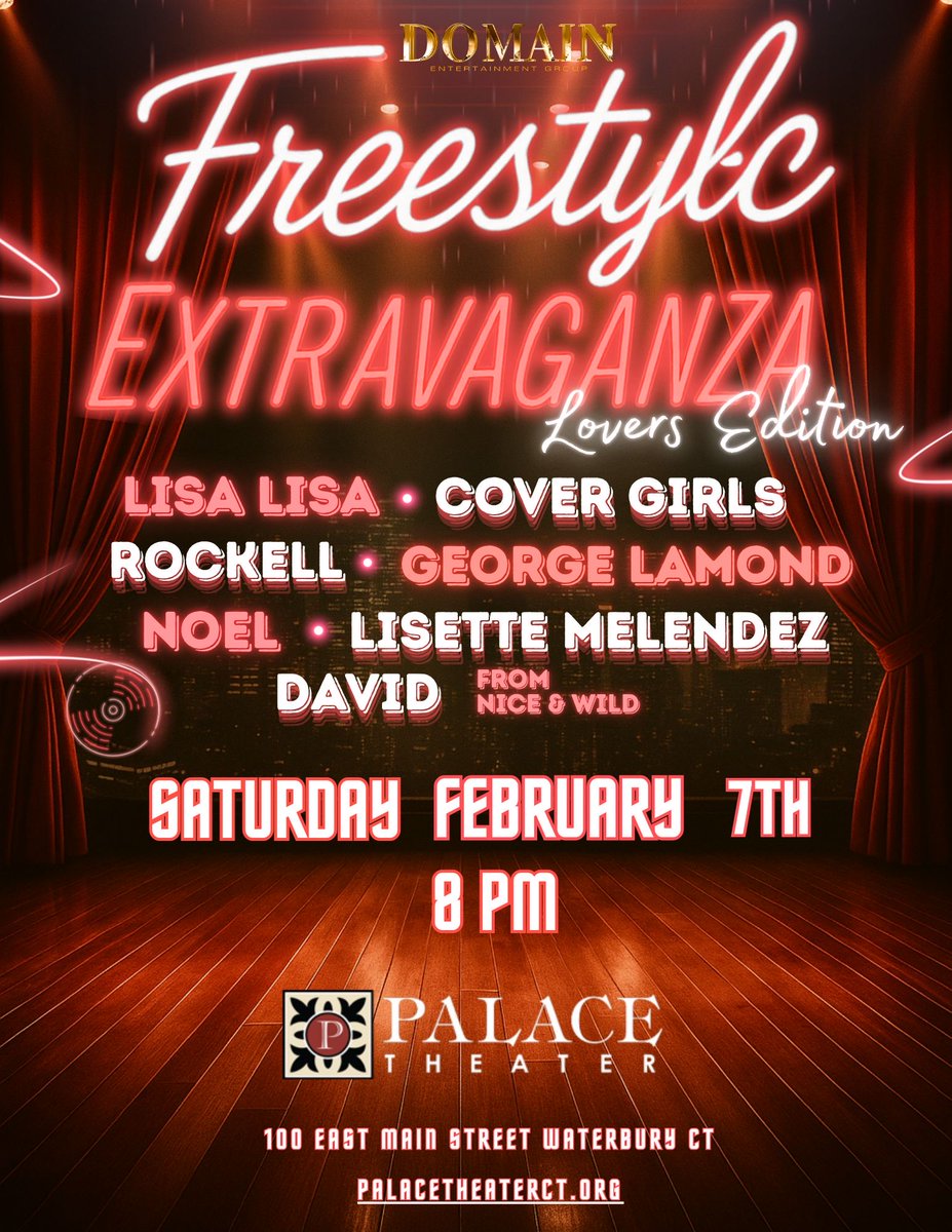 This lineup is UNREAL. 💿🔥

Lisa Lisa • George Lamond • The Cover Girls • Rockell • Noel • Lisette Melendez • David from Nice &amp; Wild

If you grew up on Freestyle… Freestyle Extravaganza at the Palace Theater!

👉 Listen to <a href="/djbuck1/">dj buck</a> &amp; <a href="/bigregg860/">BIG REGG</a> 
💃🕺