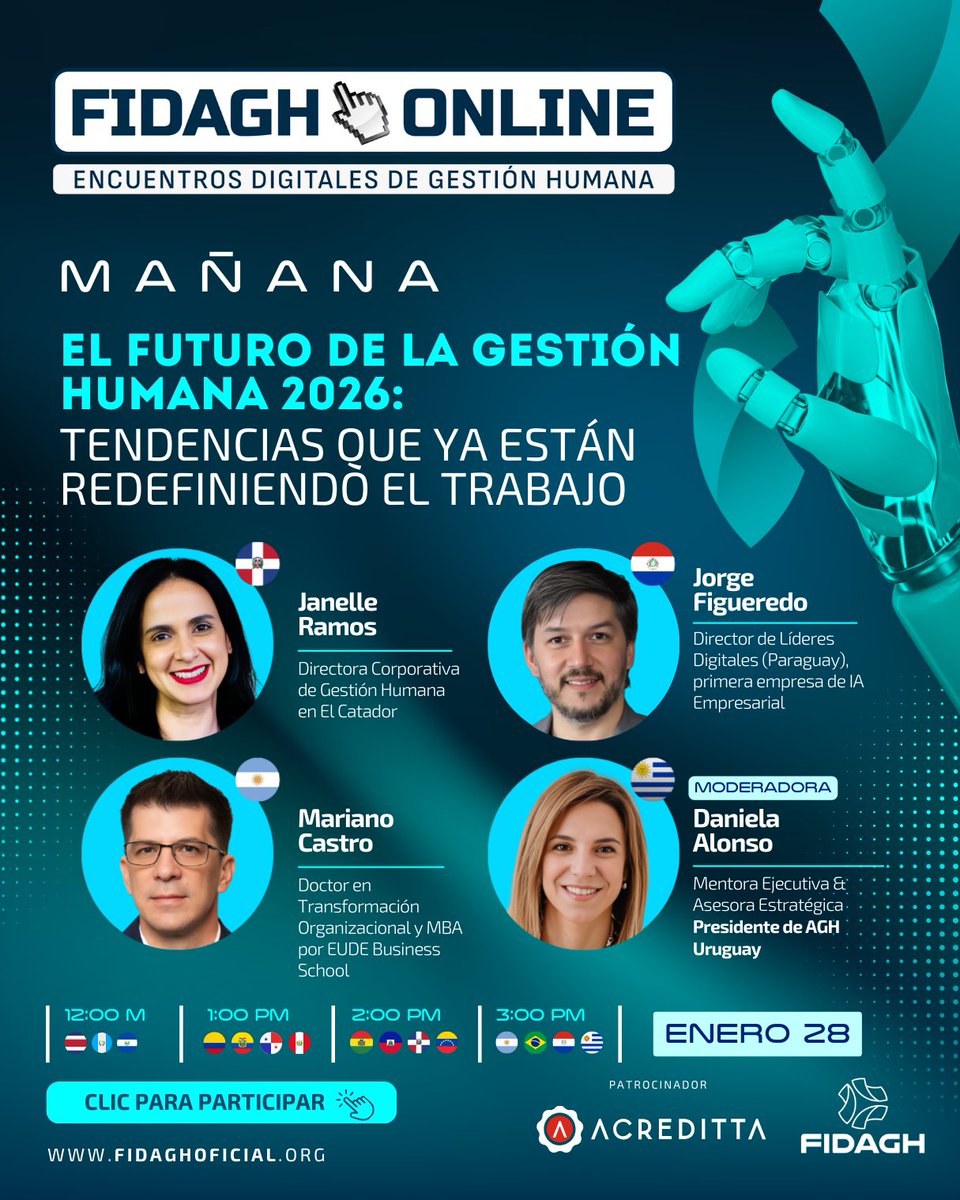 Mañana es el momento de anticiparte.
Conéctate a FIDAGH Online y descubre las tendencias que ya están redefiniendo la gestión humana en 2026.
Un espacio de análisis, visión estratégica y conversación con referentes del sector.

👉 Inscríbete y participa: us06web.zoom.us/meeting/regist…