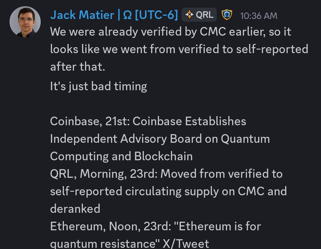 From our perspective, the recent move of @CoinMarketCap against one of our  major assets, @QRLedger, by sudden and unjustified reclassification of  market cap and circulating supply to unverified, is mysterious and well