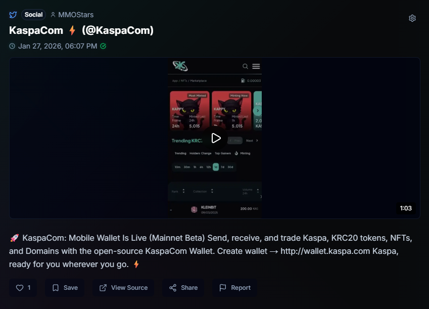 KaspaCom has launched their new $KAS Open Source wallet (beta version on mainnet) with KRC20 KRC721 NFTs and KNS support. Repost with video overview: kaspa.social/post/84efa788