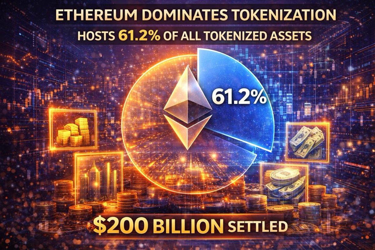 ETHEREUM DOMINATES TOKENIZATION, HOSTS 61.2% OF ALL TOKENIZED ASSETS WITH  NEARLY $200B SETTLED Ethereum leads the tokenization space, accounting for  61.2% of all tokenized assets, with nearly $200 billion settled on its