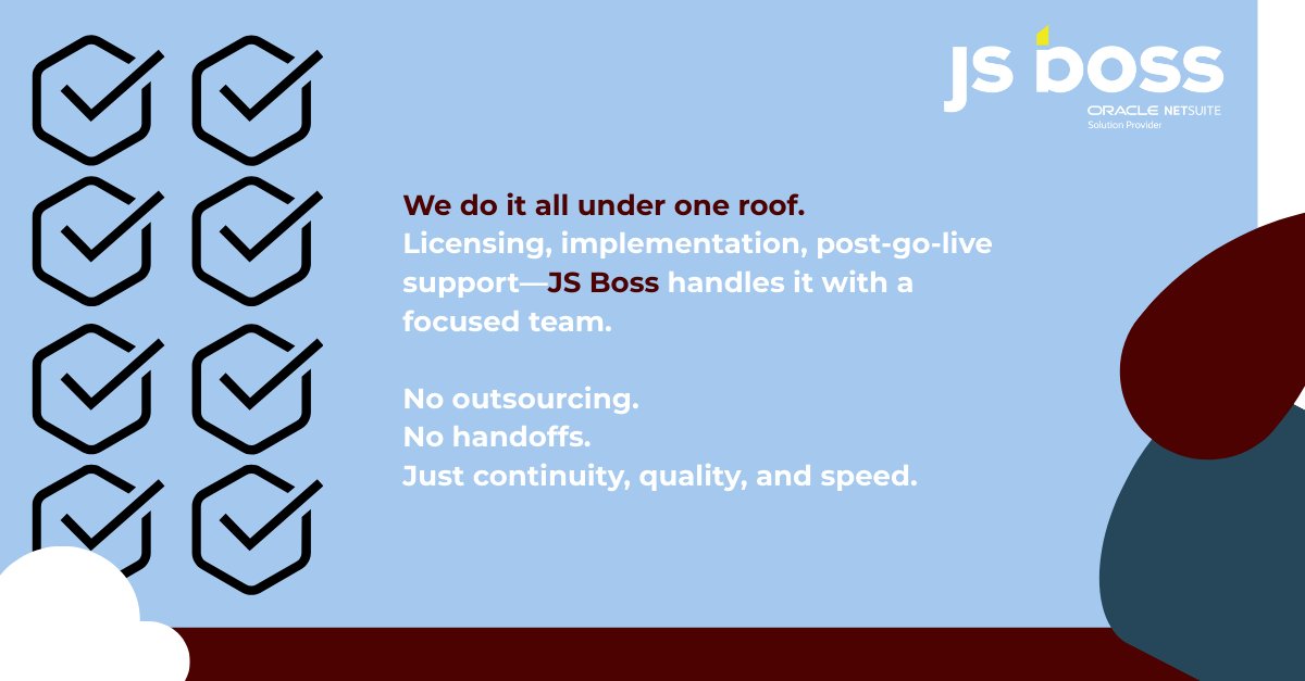 jsbossinc's tweet photo. 🏢 We do it all under one roof.
When you work with JS Boss, you’re not juggling agencies, consultants, and offshore teams.
✅ NetSuite licensing
✅ Implementation
✅ Post-go-live optimization &amp; support
Just continuity, quality, and speed—from discovery to go-live.
#NetSuite https://t.co/Zivzoae2vt