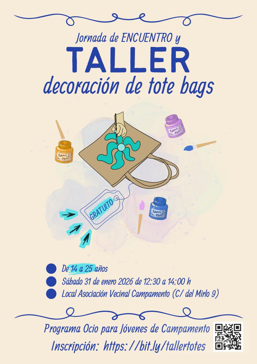 Hola 😃
¡Arrancamos las actividades! ¡invitándote a un taller creativo donde podrás diseñar y decorar tu propia bolsa de tela con pinturas textiles.
👉 El taller es GRATUITO
 
📅 Sábado 31 de enero de 2026
🕒 De 12:30 a 14:00 h
📍 (C/ del Mirlo, 9