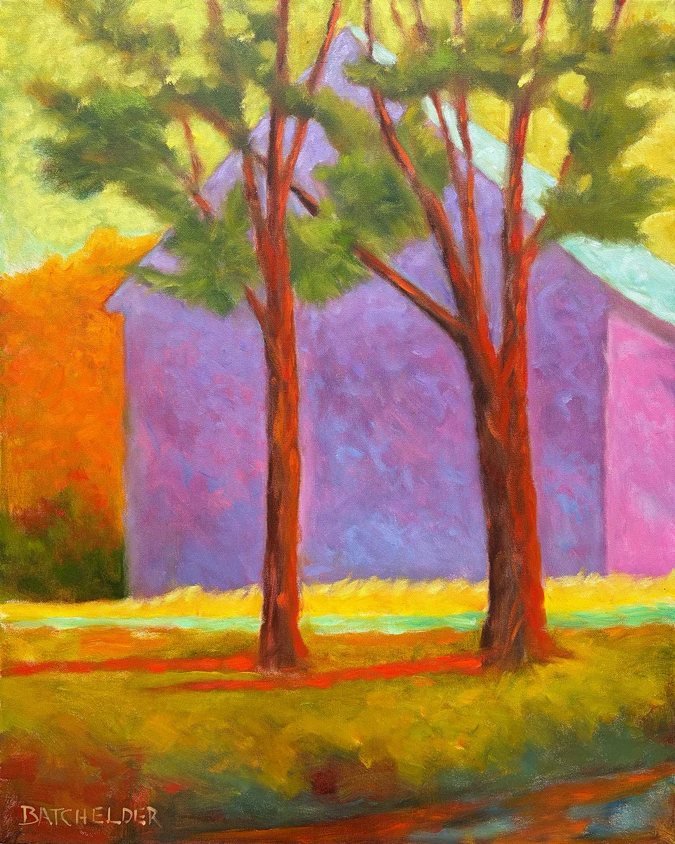 The neighbor’s barn looks very different today, under nearly 2 feet of snow, but beneath that white blanket, the landscape’s true colors wait for warmer days. “Oaks” 24 x 30