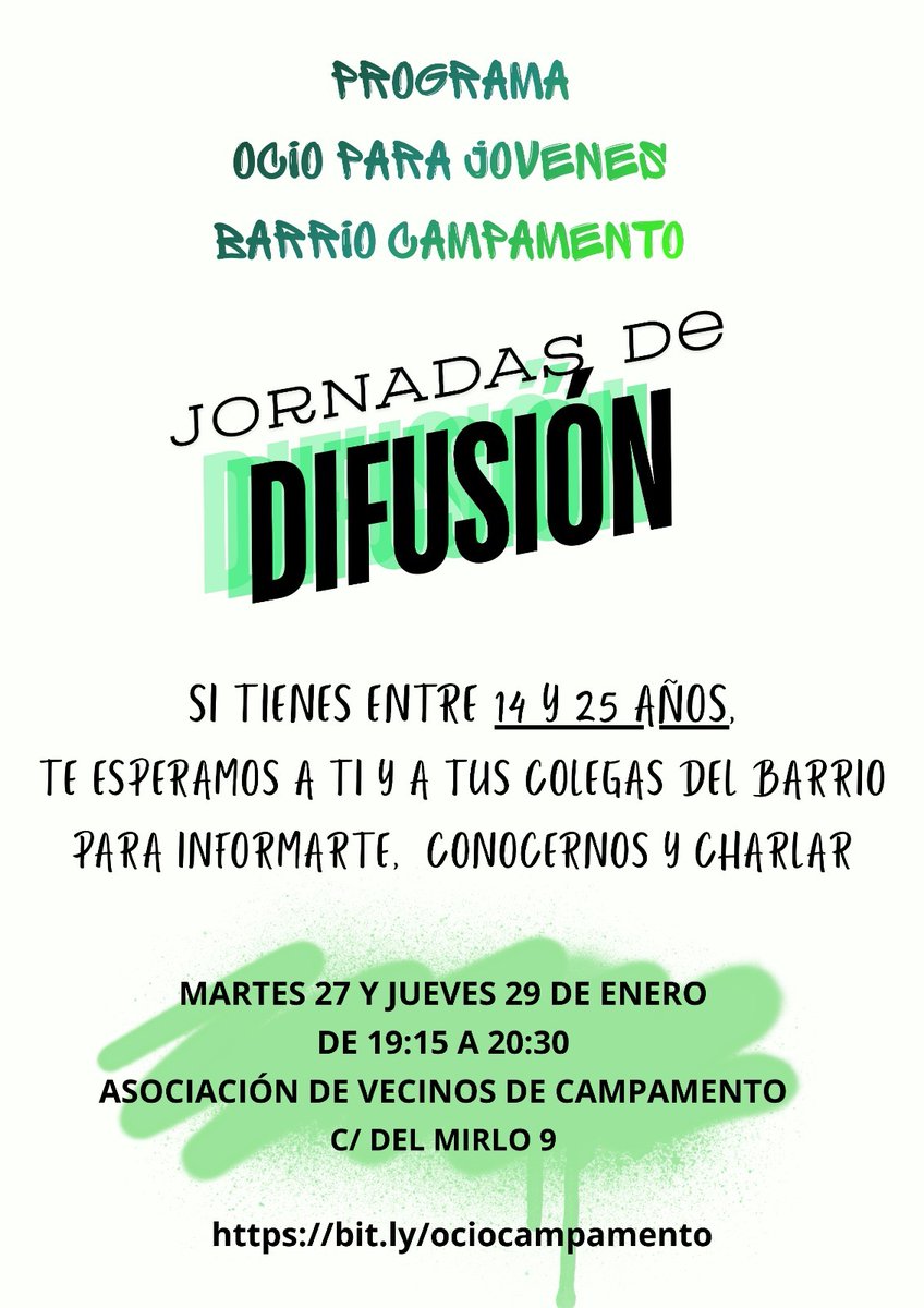 Hola vecin@s 😃
Estaremos el martes 27 y el jueves 29 en el local de la Asociación de Vecinos del barrio, ubicado en la C/ del Mirlo 9; esperándoos para informaros acerca del Programa de Ocio Joven, escucharos y resolver vuestras dudas.
¡Os esperamos! 😊