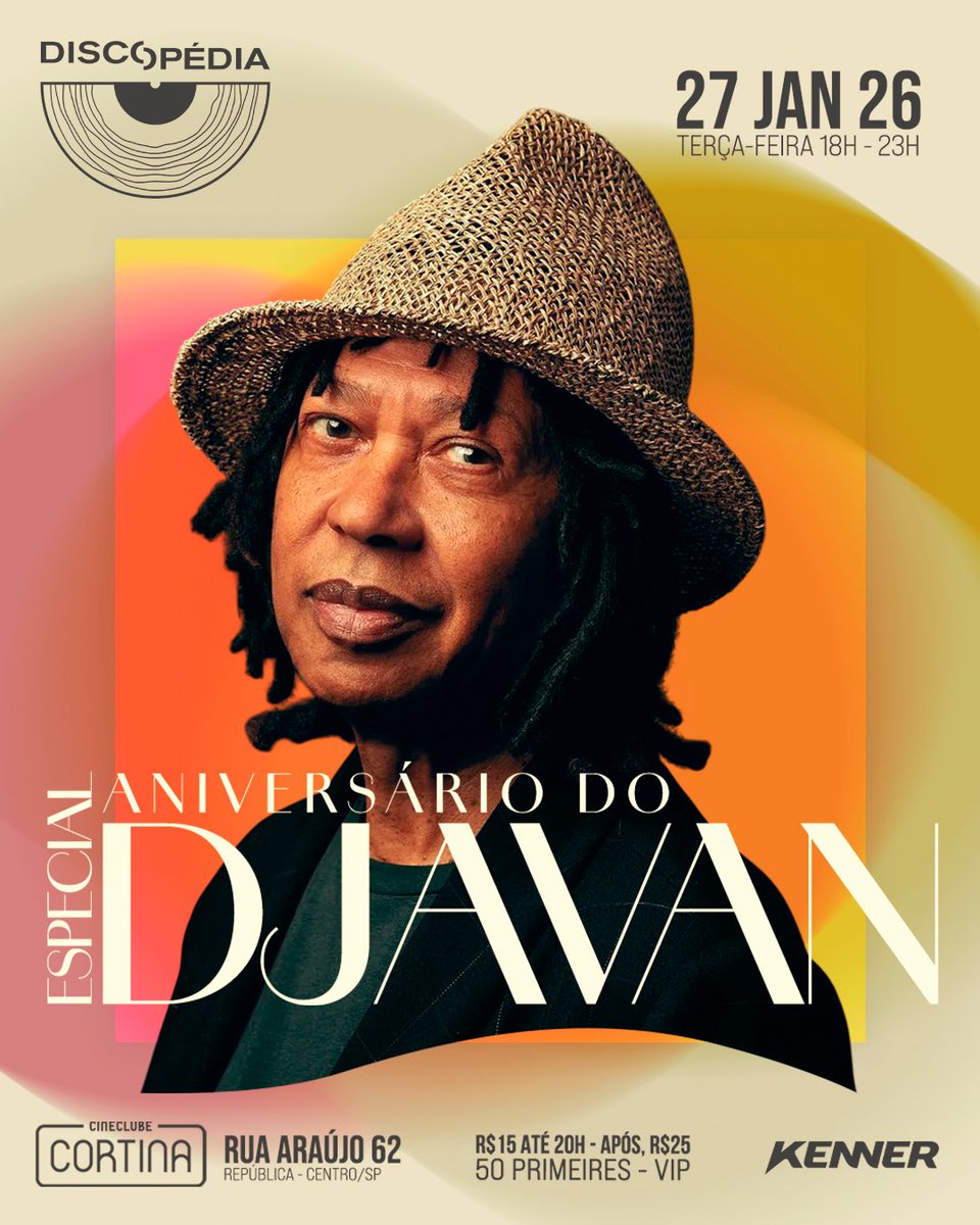 _Discopedia's tweet image. A Sensacional de São Paulo, orgulhosamente apresenta, o especial em homenagem ao aniversário do rei Djavan!

Hoje, dia 27/01/2025, a partir das 18h Cineclube Cortina.

DJs DanDan, Marco &amp;amp; Nyack nos toca-discos.
Abertura, DJ Lino.

Apoio, Kenner.