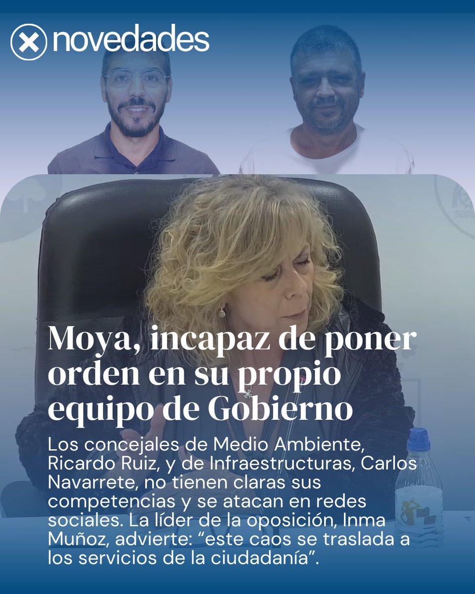 ❌ La alcaldesa Moya (PP) es incapaz de poner orden en su propio equipo de Gobierno. Los concejales de Medio Ambiente e Infraestructuras no tienen claras sus funciones ¡y se atacan públicamente!
📢 Inma Muñoz advierte: “el caos se traslada a los servicios públicos”.
#MoyaNoPuede