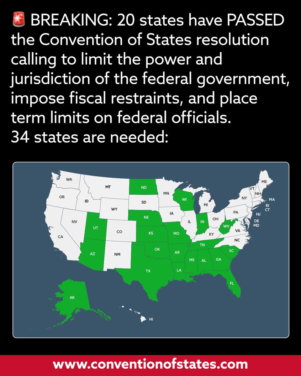 COSProject's tweet image. BREAKING: Kansas has just been added to the number of states (20) that have passed the Convention of States resolution. The Convention of States Resolution has 3 subject matters:
- Impose fiscal restraints on the federal government
- Limit the power and jurisdiction of the…