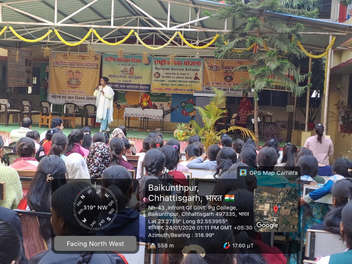 CCgpvs's tweet image. आज 24.01.2026 को अंतरराष्ट्रीय बालिका दिवस पर नवीन शासकीय महाविद्यालय में जागरूकता कार्यक्रम आयोजित किया गया।
कार्यक्रम में जिला पंचायत उपाध्यक्ष श्रीमती वंदना राजवाड़े एवं महिला बाल विकास विभाग की टीम उपस्थित रही।
@MinistryWCD
@WCDCgGov