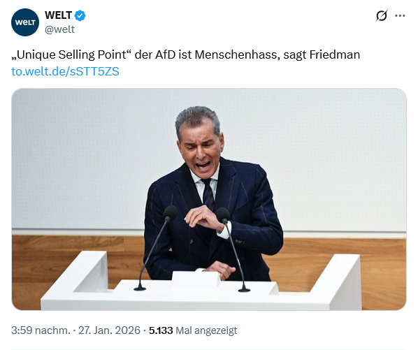 Ein System, das einen Typen wie Friedman zur moralischen Instanz verklärt und ihn am #HolocaustMemorialDay eine Rede voller Hass gegen die einzige Oppositionspartei halten lässt, obwohl er die Dienste von Zwangsprostituierten in Anspruch genommen hat, ist moralisch bankrott.