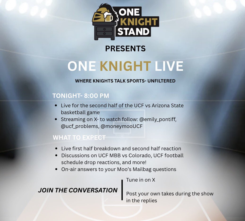 Catch tonight’s One Knight Live stream right here on X at 8 PM tonight. We will be doing a first half recap and live second half reactions for the UCF vs Arizona State men’s basketball game.

Drop any UCF sports questions ⬇️ and we will answer on-air