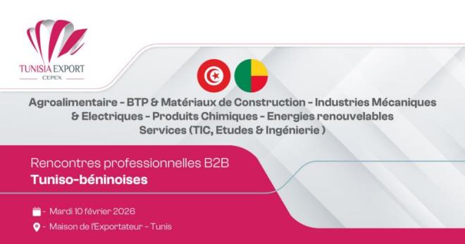 TapNewsAgency's tweet photo. #Tunisia: #CEPEX is organising B2B meetings on Feb. 10 at the Exporters’ House, bringing together #Tunisian & #Beninese firms across agri-food, construction, industry, chemicals, renewables & services (ICT, R&D, engineering), inviting firms to register online by Feb 5. #TAP_En https://t.co/xvhIexv0F5