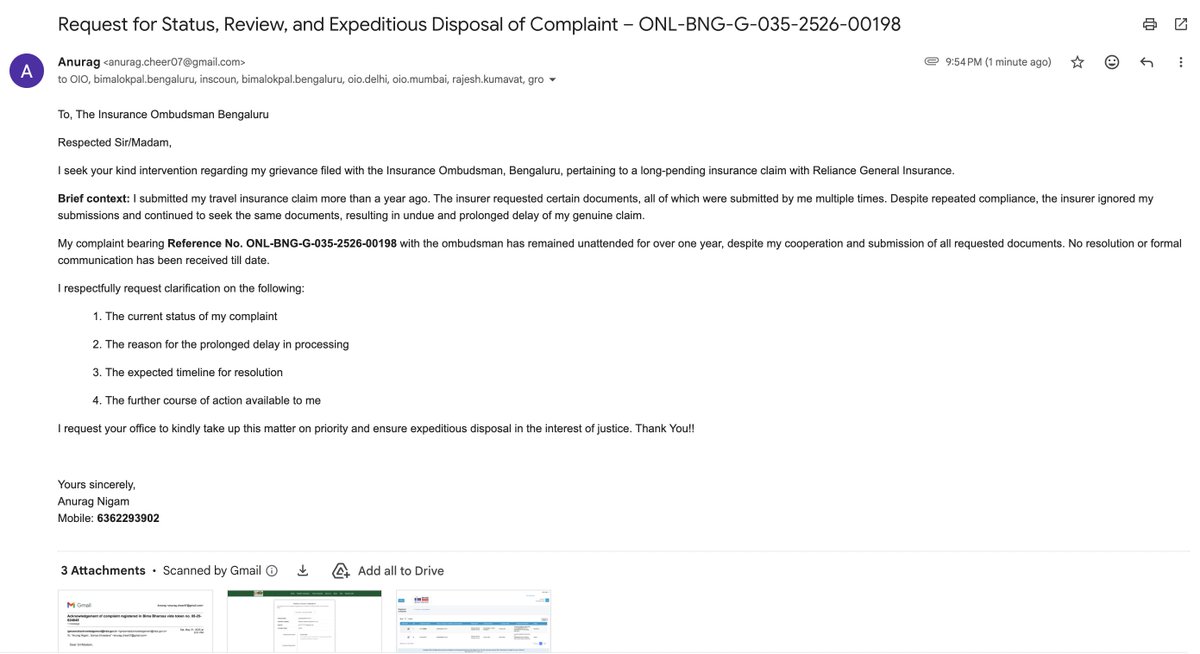 anigam1184's tweet image. Seeking urgent attention from @COmbudsmen and @NICLofficial. My Ombudsman complaint ONL-BNG-G-035-2526-00198 regarding an insurance claim with Reliance General has remained unattended for over a year, despite submitting all requested documents multiple times. 
#InsuranceOmbudsman