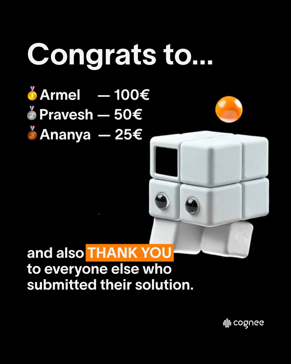 cognee_'s tweet photo. π± January Mini Challenge results are in! Fresh year, fresh agents
π₯ Armel Bobda - Sentinel
π₯ Pravesh Sudha - January Ritual Coach
π₯Β Ananya Iyer - VegAssist
Energy collision detection, emotion-aware habit coaching, and a Veganuary meal buddy
Join our community to learn more https://t.co/hqwLyo56Uw