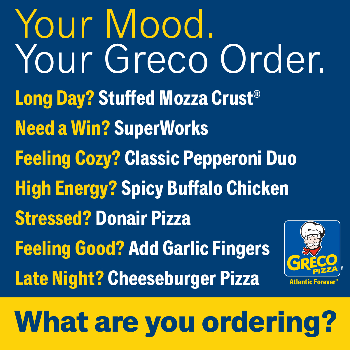 Your mood. Your Greco order 🍕😎

Comfort food kind of day or sharing with friends?
So… what are you ordering today?
Order online at Greco.ca or call 310.30.30 and enjoy every bite!