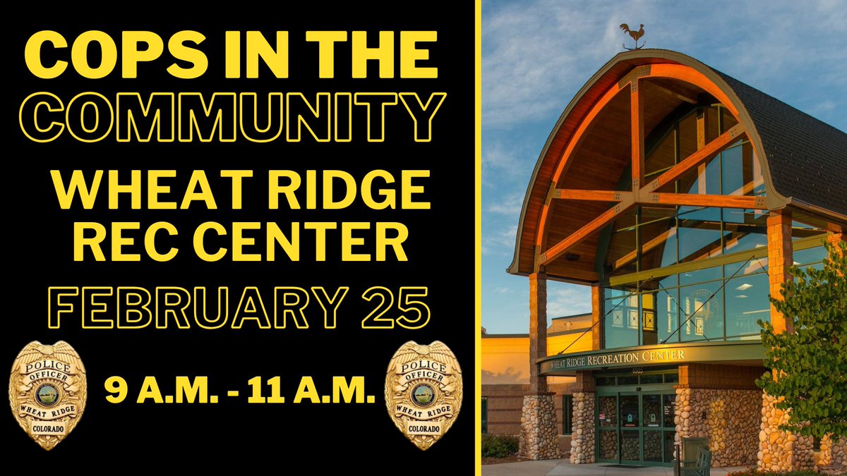 Mark your calendars 📅

We will hold another #CopsInTheCommunity event on Wednesday, February 25, at the Wheat Ridge Rec Center from 9 a.m. to 11 a.m.

Swing by for a workout, and then load up on cookies and coffee because you earned it 😉

We look forward to connecting with you!