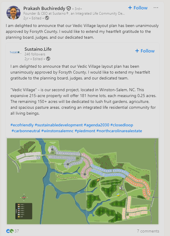 juicystar1908's tweet photo. I saw an advert for it by accident when looking for landlords on an H-1B visa.

Meet Vedic Village, a 215-acre real estate development project in Winston-Salem, North Carolina. It will have 181 single-family homes.

This project is primarily marketed to Indian citizens, with designs that meet the standards prescribed by the Hindu faith. This real estate project also qualifies as an investment that can lead to an EB-5 green card.

The project has received regulatory approval from Forsyth County. 

@Aarvoll_'s Return to the Land project in Arkansas for individuals of European descent made the news internationally and is legally contested. Epic City in the Dallas area in Texas, discovered by @AmyMek, made national news.  Vedic Village, meant for Indian citizens of the Hindu faith, has been able to fly under the radar for 2 years.