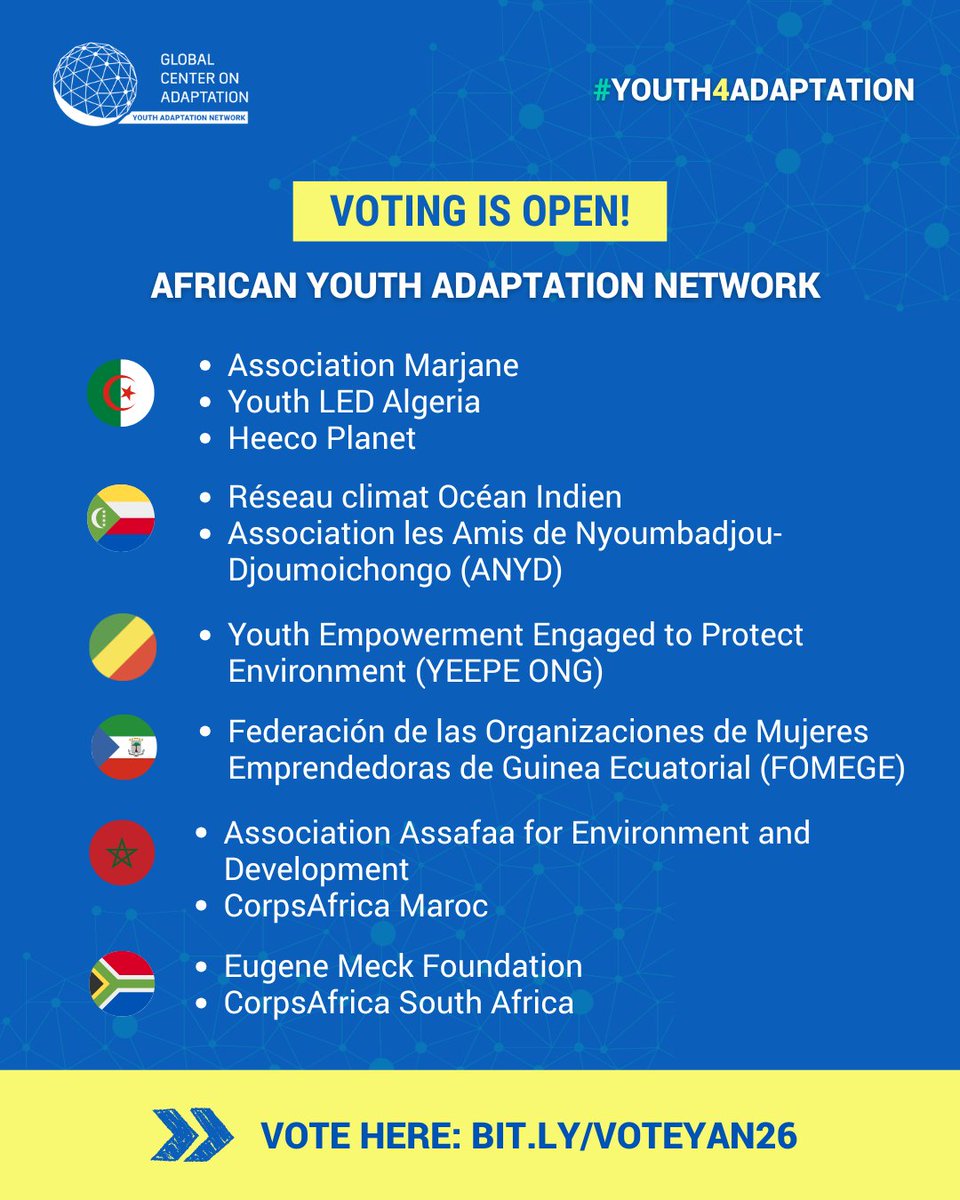 GCAdaptation's tweet photo. Vote Now! 🗳️ #Youth4Adaptation
Voting is now open for the Youth Adaptation Network In-Country focal points for: 🇩🇿 🇰🇲 🇨🇬 🇬🇶 🇲🇦 🇿🇦
Watch the video submissions and vote for your favorite now: https://t.co/ounRB8ieu0 https://t.co/nzlyhXdR4T
