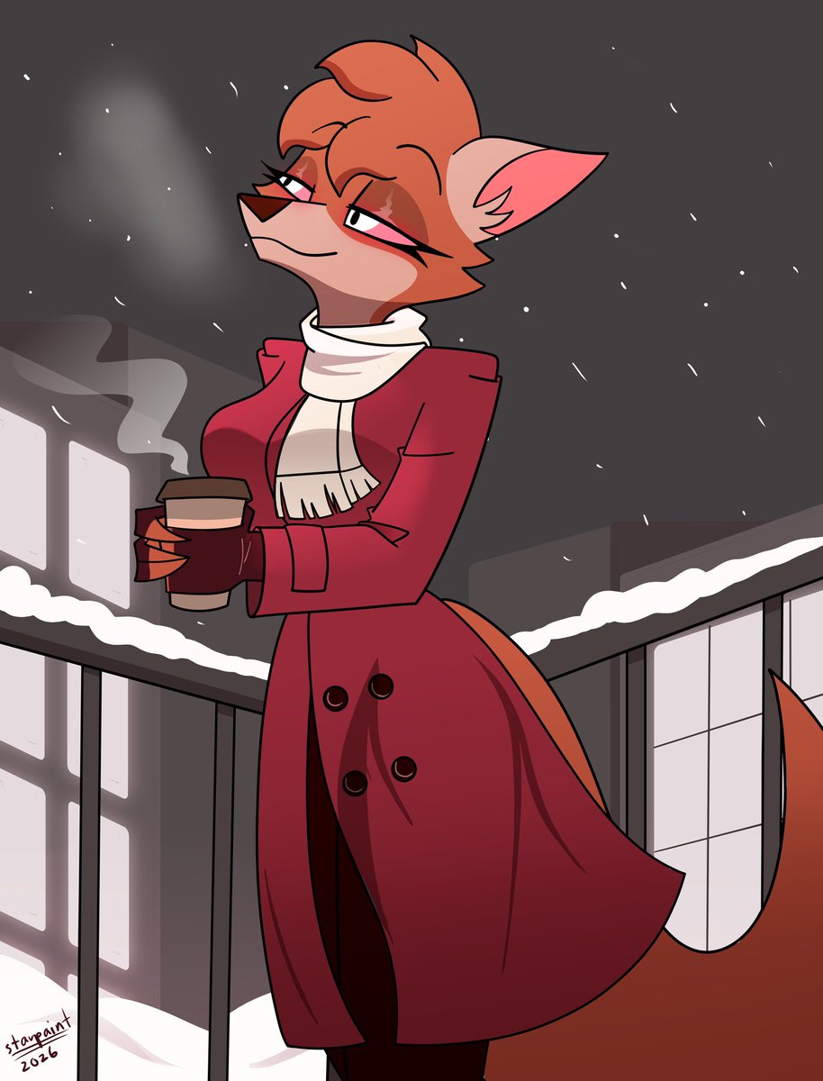 Since we are in the dead of winter, here is an amazing piece of Lucy enjoying coffee in a cold winter night! Artwork done by my talented friend, <a href="/StarPaint93/">Star Paint (Commissions Closed)</a>!

#HelluvaBoss #HelluvaBossoc