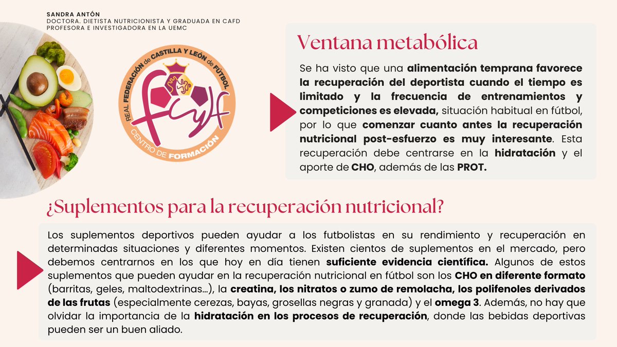 FCyLF's tweet photo. FORMACIÓN / @FCyLF 

🍏Hábitos, objetivos, influencias, prioridades, pautas y evidencias científicas en la 𝐧𝐮𝐭𝐫𝐢𝐜𝐢ó𝐧  post entrenamiento y competición de 𝐟ú𝐭𝐛𝐨𝐥

Píldora formativa ⚽️ @SandraAntonSan @UEMC  para el Centro de Formación #RFCYLF https://t.co/tiEbzZ5uAt