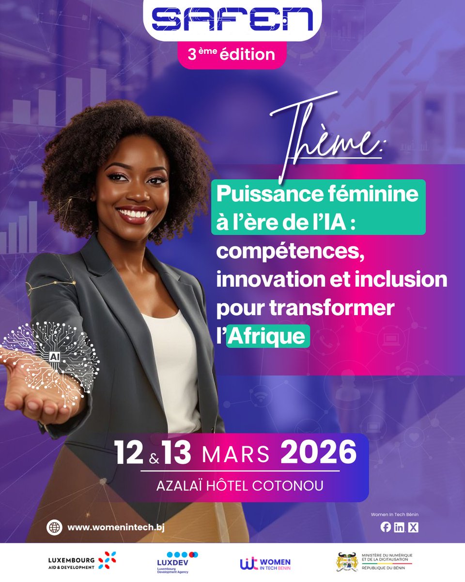📣 SAFEN 2026 – Inscriptions ouvertes !

📍 Cotonou 
🗓️ 12 &amp; 13 mars 2026
Le Salon Africain des Femmes dans l’Entrepreneuriat &amp; le Numérique revient pour sa 3ᵉ édition autour de l’IA, l’innovation et le leadership féminin.
👉 Inscription : bit.ly/safen_2026
#SAFEN2026
