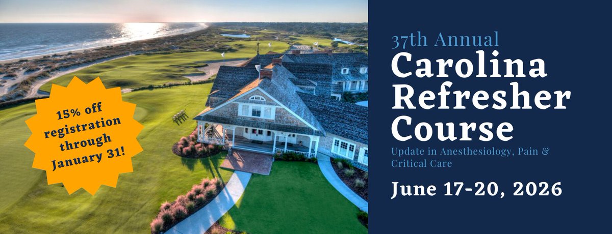 UNC_Anesthesia's tweet photo. ‼️‼️➡️➡️Only a few more days to take advantage of 15% off registration! World-class CME covering diverse topics and providing up-to-date discussions relevant to your practice. All in a beautiful, relaxed environment. 🏌️🏖️🌅
Register Now: https://t.co/ddPoTZQdzX https://t.co/59chPqD9UV