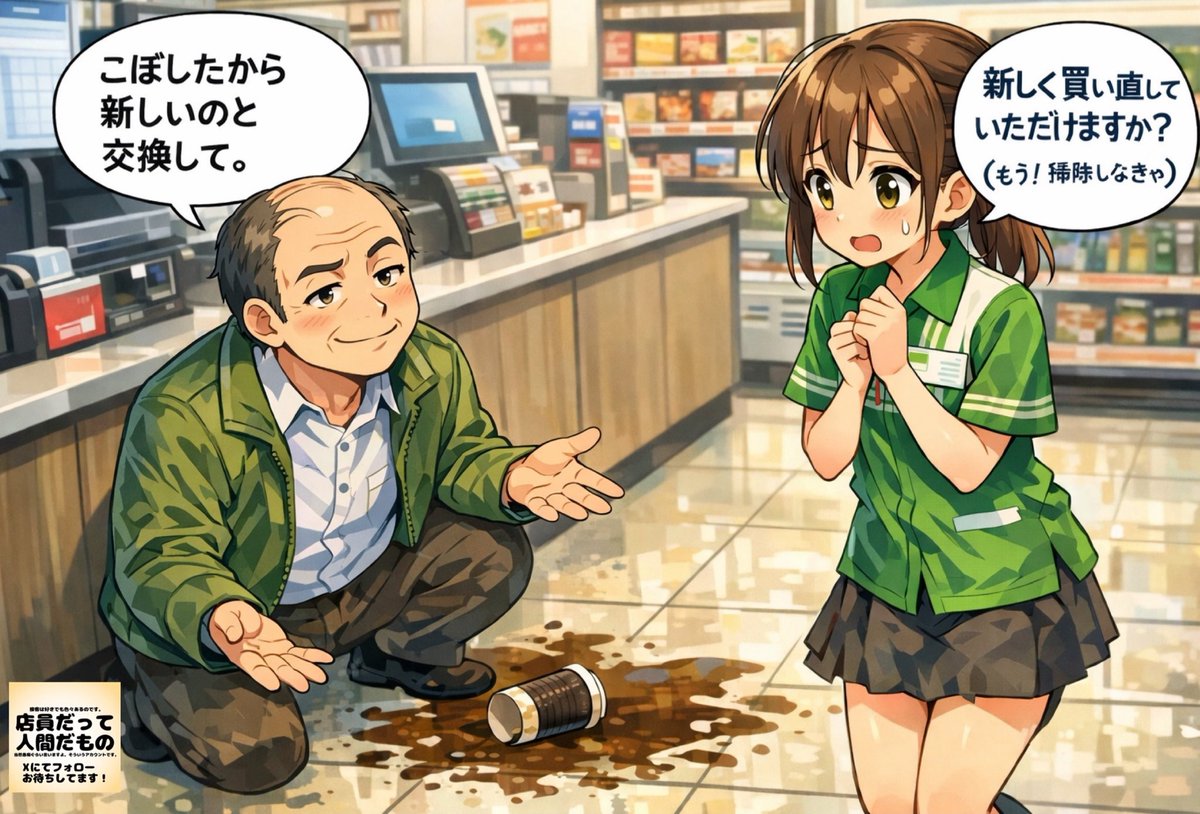 コーヒーこぼしたり、商品落として商品を破損させた場合は誰の責任？

もちろん落とした人。

しかし中には無料で交換してもらえると考える汚客がいます。

店員は掃除をさせられた上に商品代まで店が負担？

普通に考えたらおかしいの分かるでしょ？

謝罪した上で買い直しが基本。

#汚客様報告会