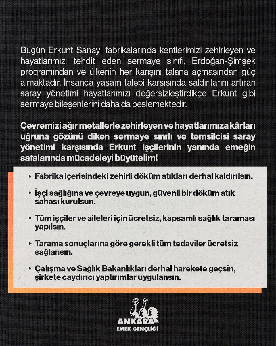 SERMAYE SINIFI BİZLERİ ZEHİRLİYOR!

Çevremizi ağır metallerle zehirleyen, hayatlarımıza kârları uğruna gözünü diken sermaye sınıfı ve temsilcisi saray yönetimi karşısında, Erkunt işçilerinin yanında, emeğin saflarında mücadeleyi büyütelim!