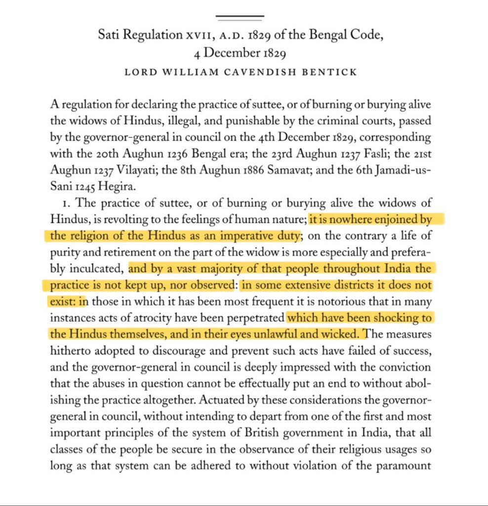 FoMo4NaMo's tweet image. Who created Sati ?
~BRITISH

Source?
~Data from Missionaries from British ruled Bengal Saar😭

How British tried to abolish? 
~Sati Regulation Act🔥

Meanwhile the Act🤣👇:
1.Sati isn't enjoined by Hindu religion 
2.In the eyes of Hindus it’s wicked &amp;amp; unlawful