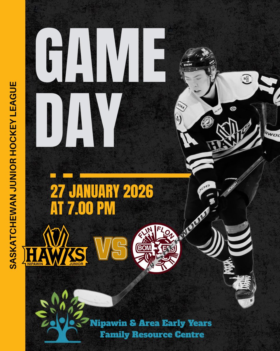 GAME DAY at the Cage.
7:00 PM puck drop as the Nipawin Hawks take on the Flin Flon Bombers in a huge UPL division matchup.

Tickets at the gate or here:
 showpass.com/january-27-vs-…
Let’s pack the Cage and bring the noise.
#HawkYeah #NipawinHawks