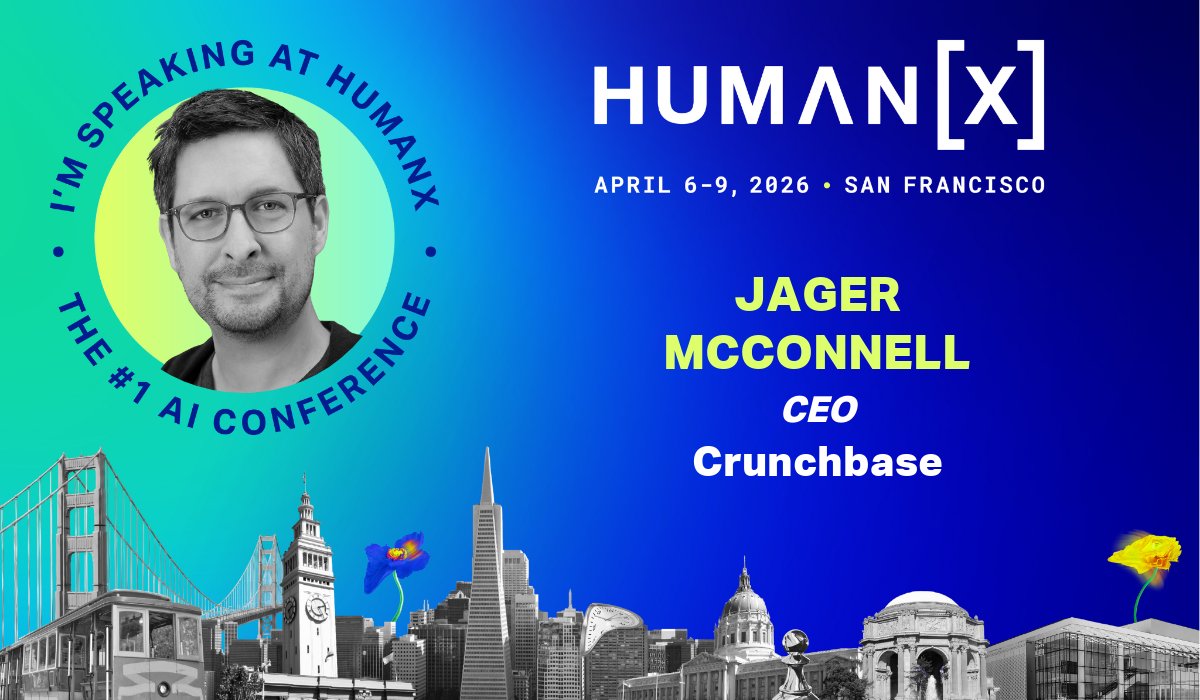 crunchbase's tweet image. Save the date! Crunchbase CEO @jagermcconnell  will take the stage at @HumanXCo on April 9, joining a panel on spotting AI winners early &amp;amp; the signals that predict raises, exits, or IPOs. 📈

Planning to attend? Register using our promo code (HX26P_CRUNCHBASE):…
