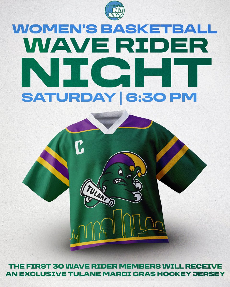 tuwaveriders's tweet photo. 𝐌𝐚𝐫𝐝𝐢 𝐆𝐫𝐚𝐬 𝐌𝐚𝐝𝐧𝐞𝐬𝐬 𝐭𝐡𝐢𝐬 𝐒𝐚𝐭𝐮𝐫𝐝𝐚𝐲!

The first 30 Wave Rider members will receive this hockey jersey.

Plus, free King Cake while supplies last 👑🍰  

#RollWave🌊 https://t.co/h9rbZf3yi9