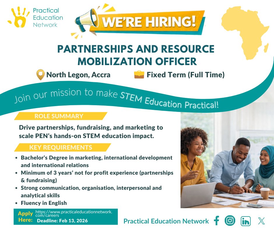 Passionate about education, STEM, not-for-profit sectors and marketing? 

Join PEN as a Partnerships and Resource Mobilization Officer
Deadline: February, 13th, 2026
Apply here: practicaleducationnetwork.com/careers

#NowHiring #Vacancy #Marketing #JobsInGhana