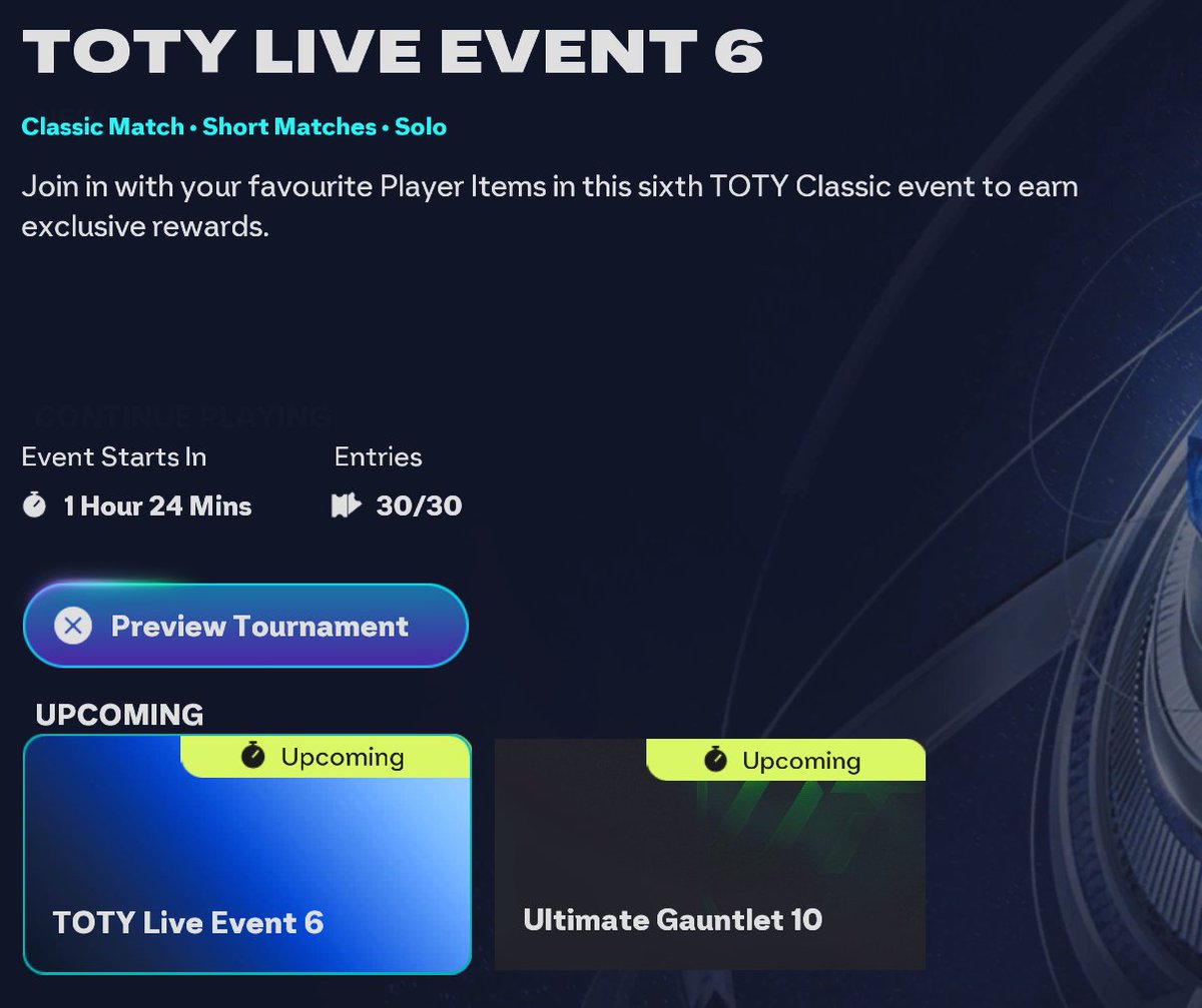 FUTWIZ's tweet image. 🚨TOTY Live Event 6 🚨

Its different to the previous 5 events. This time its a tournament and you have 3 rounds (30 Attempts) ✅

▪️Starts at 6PM UK time 
▪️Classic Match 
▪️Solo ONLY
▪️1 TOTY or HM player in Squad 

Rewards:
▪️4x86
▪️2x85
▪️7x84

(You need to win the…