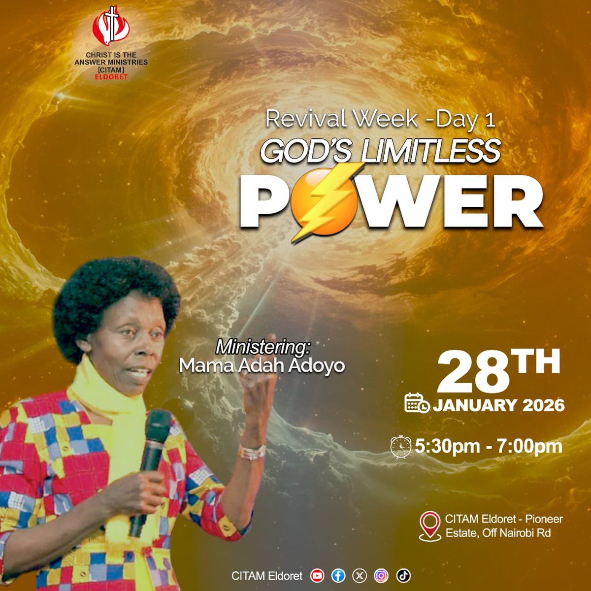 CITAMEldoret's tweet photo. Welcome to Day 1 of our revival evening with Mama Adah Adoyo as she speaks on God's limitless power. Only at CITAM Eldoret mega dome. https://t.co/PvRO5VkY9c
