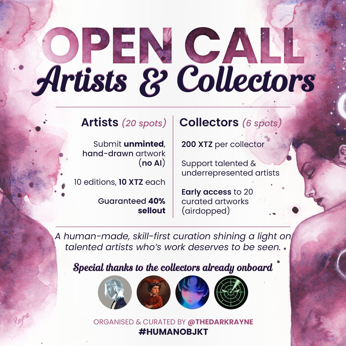 OPEN CALL 📢
Artists + Collectors

There is an incredible amount of skill in this space, much of it goes unnoticed. Many incredibly talented creators struggle to sell simply because they haven’t met the right eyes, don’t fit the algorithm, or don’t know the right people.

This