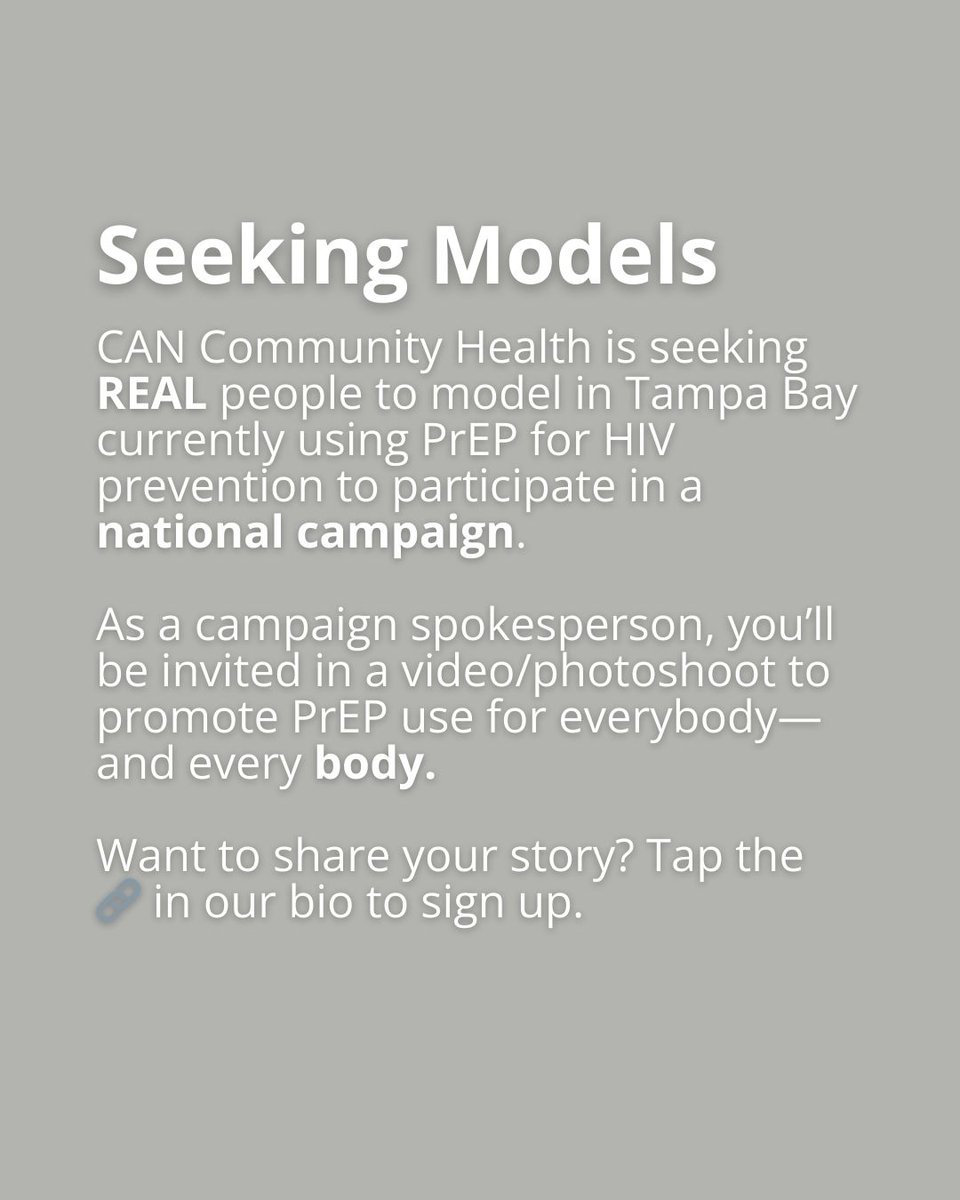 We're launching a bold new PrEP campaign celebrating real stories! ✨ Tampa Bay locals, PrEP users, and advocates—apply now! 🔗 in our bio. #EveryBODYCANPrEP #PrEPAwareness #HIVPrevention #TampaBay #CANCommunityHealth