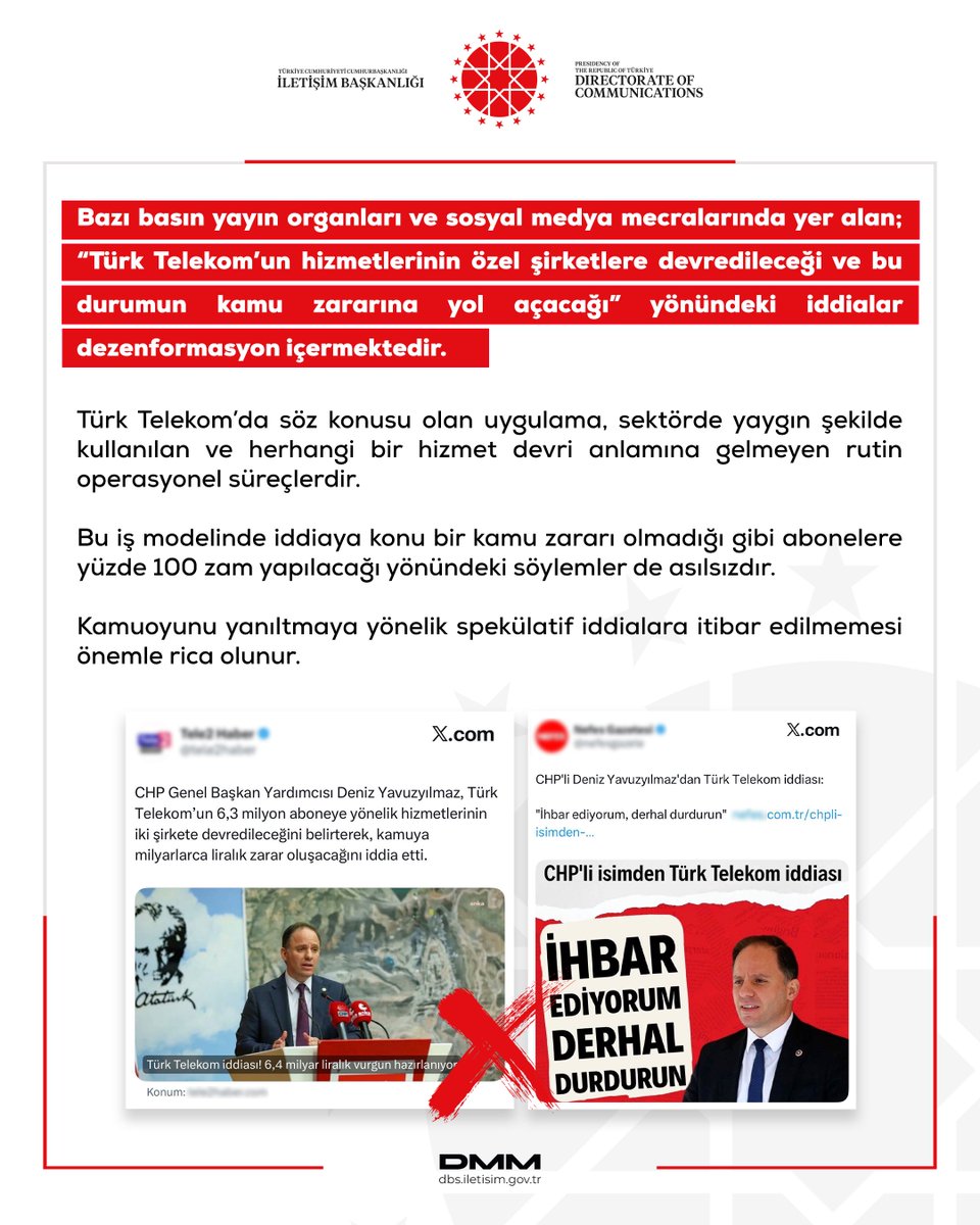 dmmiletisim's tweet image. Bazı basın yayın organları ve sosyal medya mecralarında yer alan; “Türk Telekom’un hizmetlerinin özel şirketlere devredileceği ve bu durumun kamu zararına yol açacağı” yönündeki iddialar dezenformasyon içermektedir. 

Türk Telekom’da söz konusu olan uygulama, sektörde yaygın…