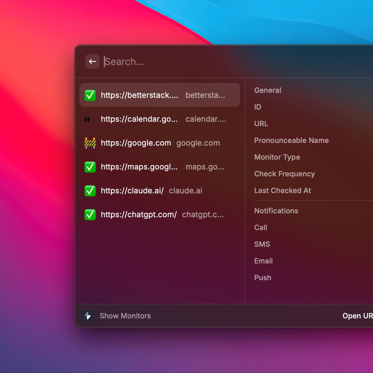 jtimoransky's tweet photo. Lately I found some time to overhaul the @BetterUptime  extension for @raycast . 

I tried to make the monitors list more clean, organized and looking just right, with colored Raycast native icons.

Small stuff, but the Raycast API is a joy to work with ✨

PR coming soon 🤞 https://t.co/WGstKItQuH