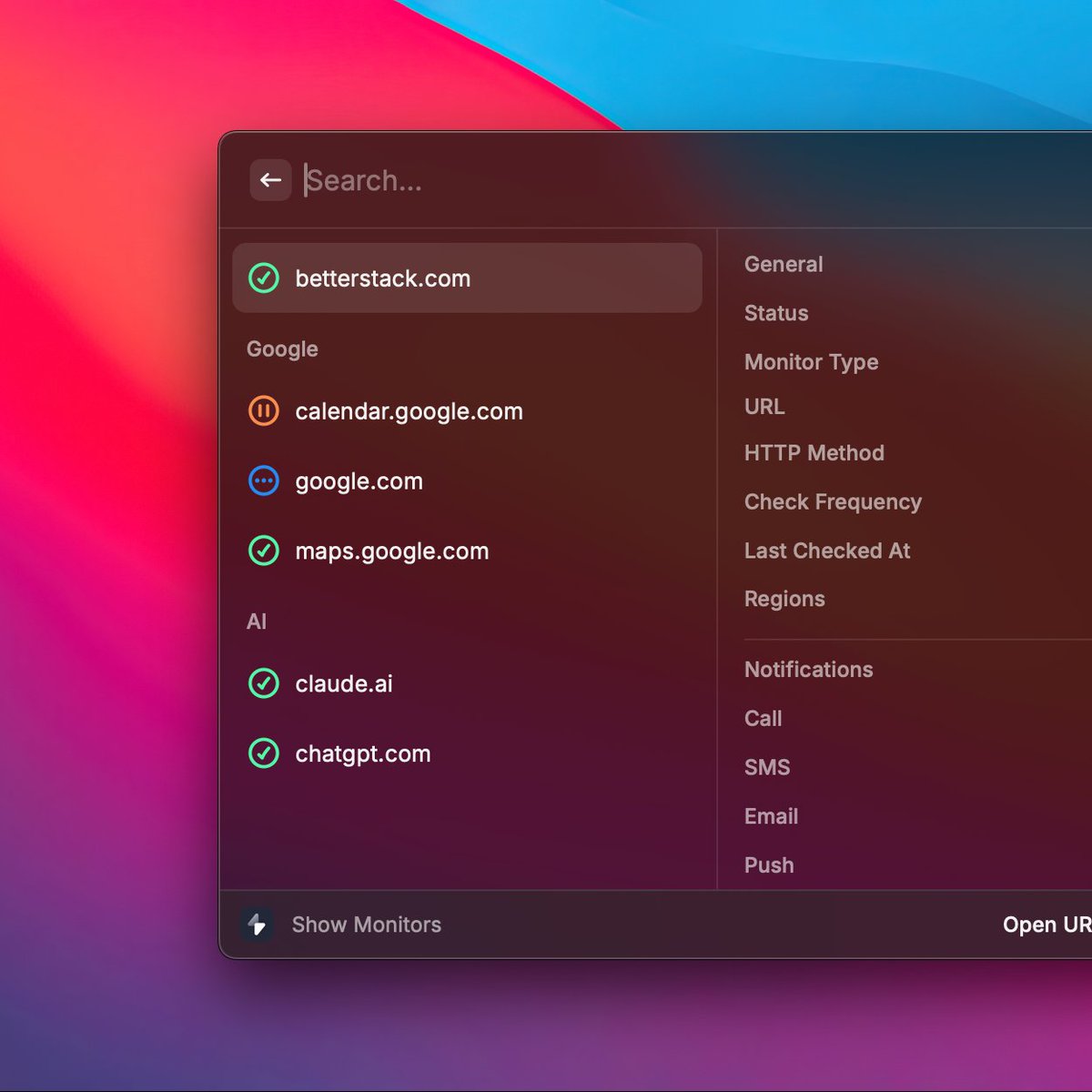 jtimoransky's tweet photo. Lately I found some time to overhaul the @BetterUptime  extension for @raycast . 

I tried to make the monitors list more clean, organized and looking just right, with colored Raycast native icons.

Small stuff, but the Raycast API is a joy to work with ✨

PR coming soon 🤞 https://t.co/WGstKItQuH