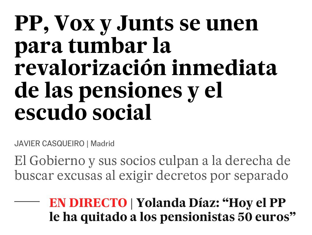 🙌 Hoy han pasado cosas importantes para la gente de este país, vamos a repasar algunas:
1. En el Congreso, PP y VOX han vuelto a tumbar la subida de las pensiones. Esto, en Baleares afecta a 191.375 personas con una pensión media de 1.382 euros. Para la derecha, no son prioridad