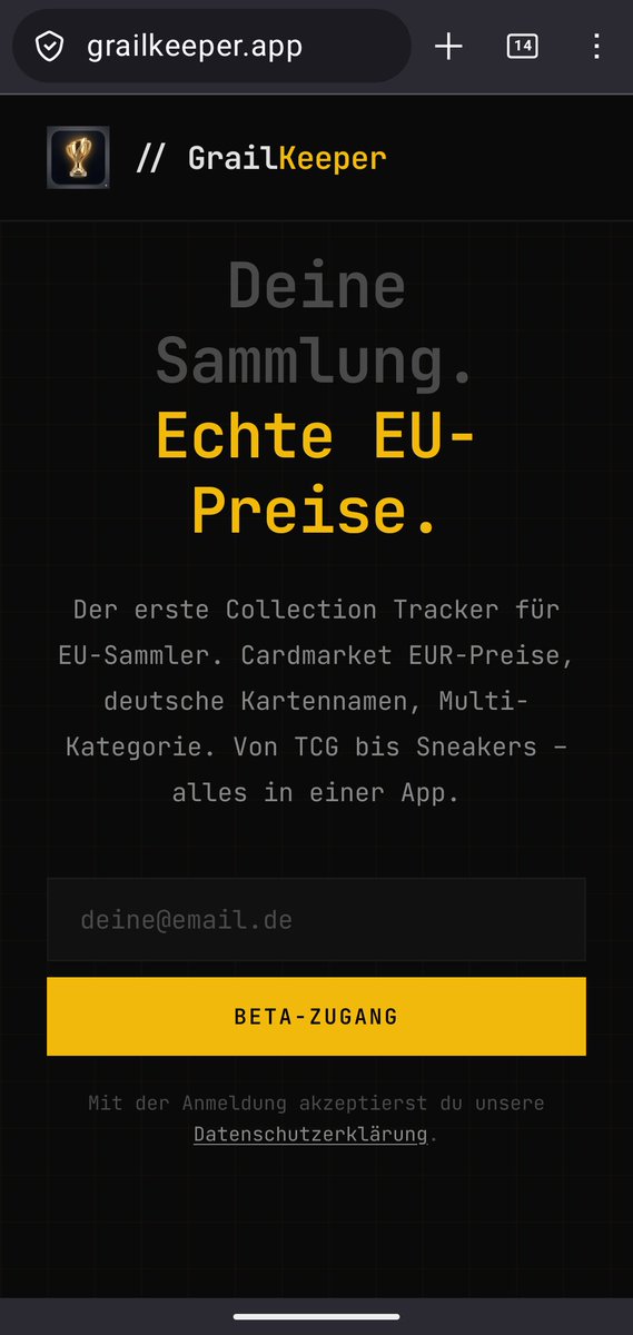 Paddi_Dev_1985's tweet photo. "Glurak" statt "Charizard". Ist das zu viel verlangt? 🔥

Wir finden: Nein. Deshalb bauen wir GrailKeeper. Die erste Collection-App, die deine deutschen Karten versteht und dir sofort den passenden Euro-Preis liefert.

✅ Keine Übersetzung nötig ✅ Keine App-Store-Hürden (Web App) ✅ 100% für den EU-Markt optimiert

Sei einer der Ersten, die testen dürfen: 🔗 https://t.co/B5kPm7EI1N

#PokemonGermany #GrailKeeper #Sammeln #PokemonTCGDE #MagicTheGatheringDE #TCGCommunity #Sammler #MobileFirst
@CardmarketPkmn @CardmarketYGO