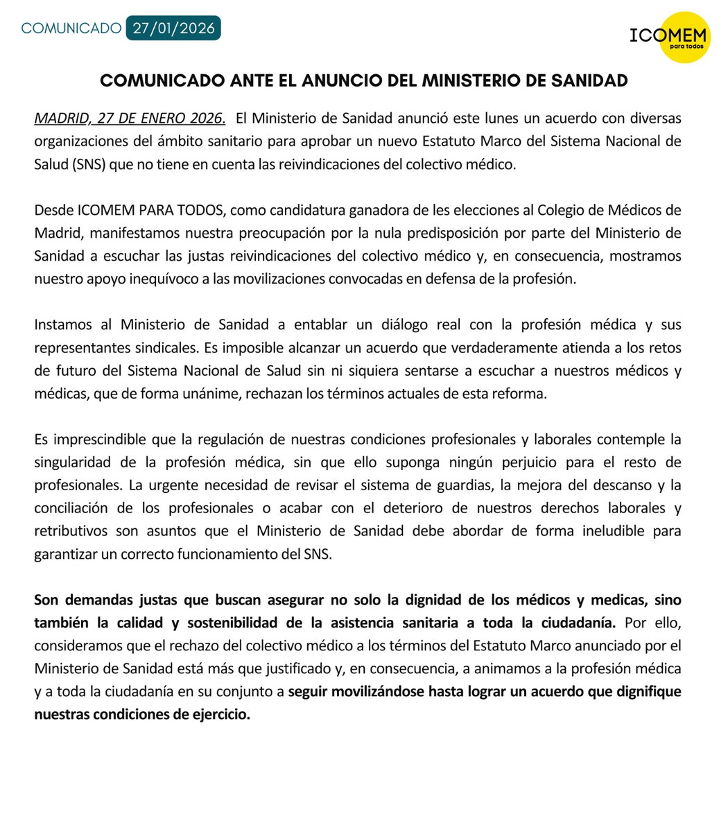 📋 COMUNICADO ANTE EL ANUNCIO DEL MINISTERIO DE SANIDAD

▶️ Lamentamos que <a href="/SanidadGob/">Ministerio de Sanidad</a> ignore reivindicaciones justas para dignificar nuestro trabajo y proteger la calidad asistencial

▶️ Desde <a href="/IcomemParaTodos/">Tomás Merina</a> seguiremos apoyando las movilizaciones en defensa de la profesión